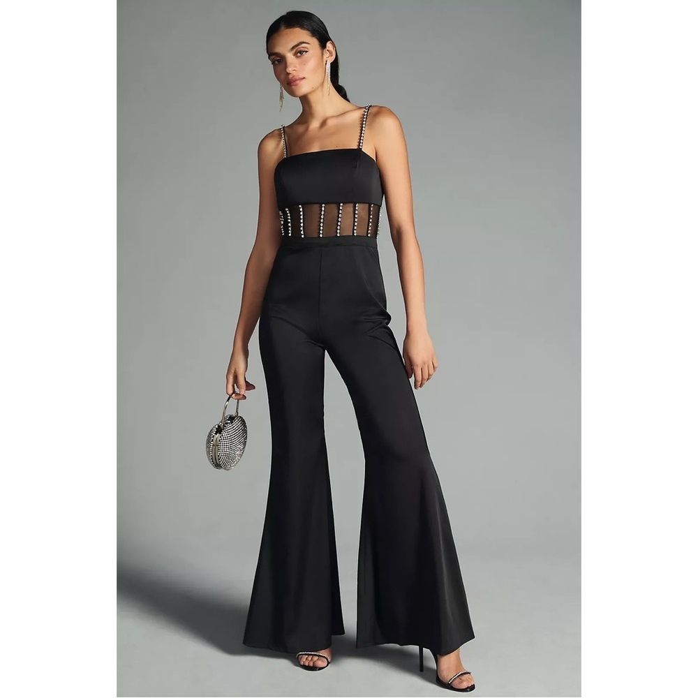 NWT Ieena for Mac Duggal x‎ Anthropologie Cutout Crystal Wide-Leg Jumpsuit Black